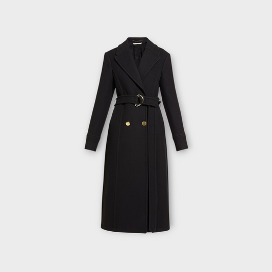 Luxe Noir Double-Gold Belted Overcoat