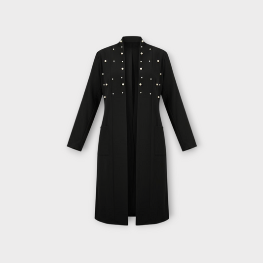 Luxe Noir Pearl-Studded Long Jacket