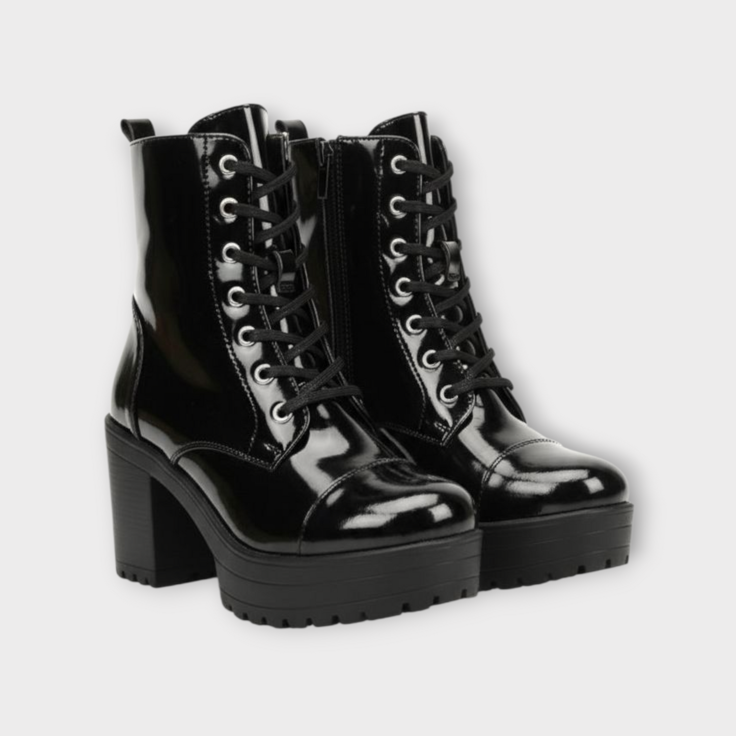 Glossy Black Chunky Lace-Up Boots