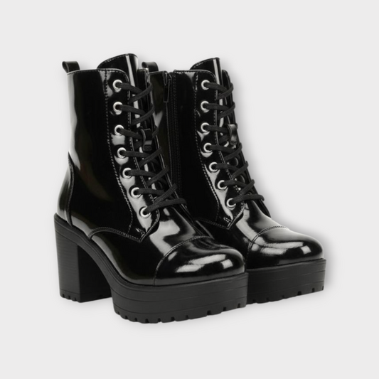 Glossy Black Chunky Lace-Up Boots