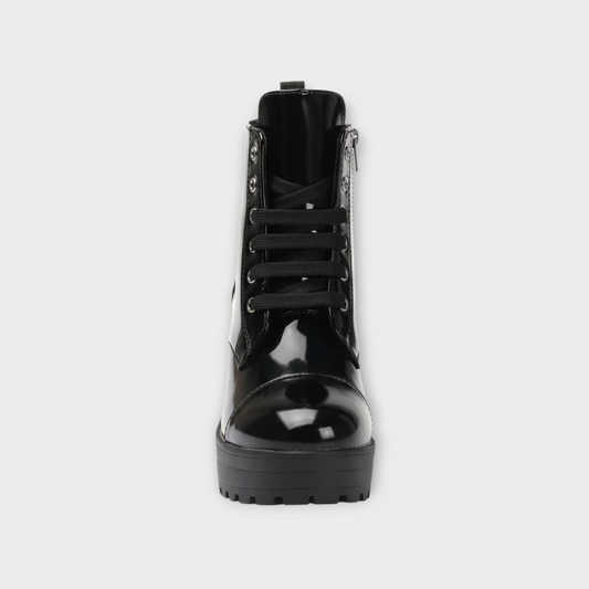 Glossy Black Chunky Lace-Up Boots
